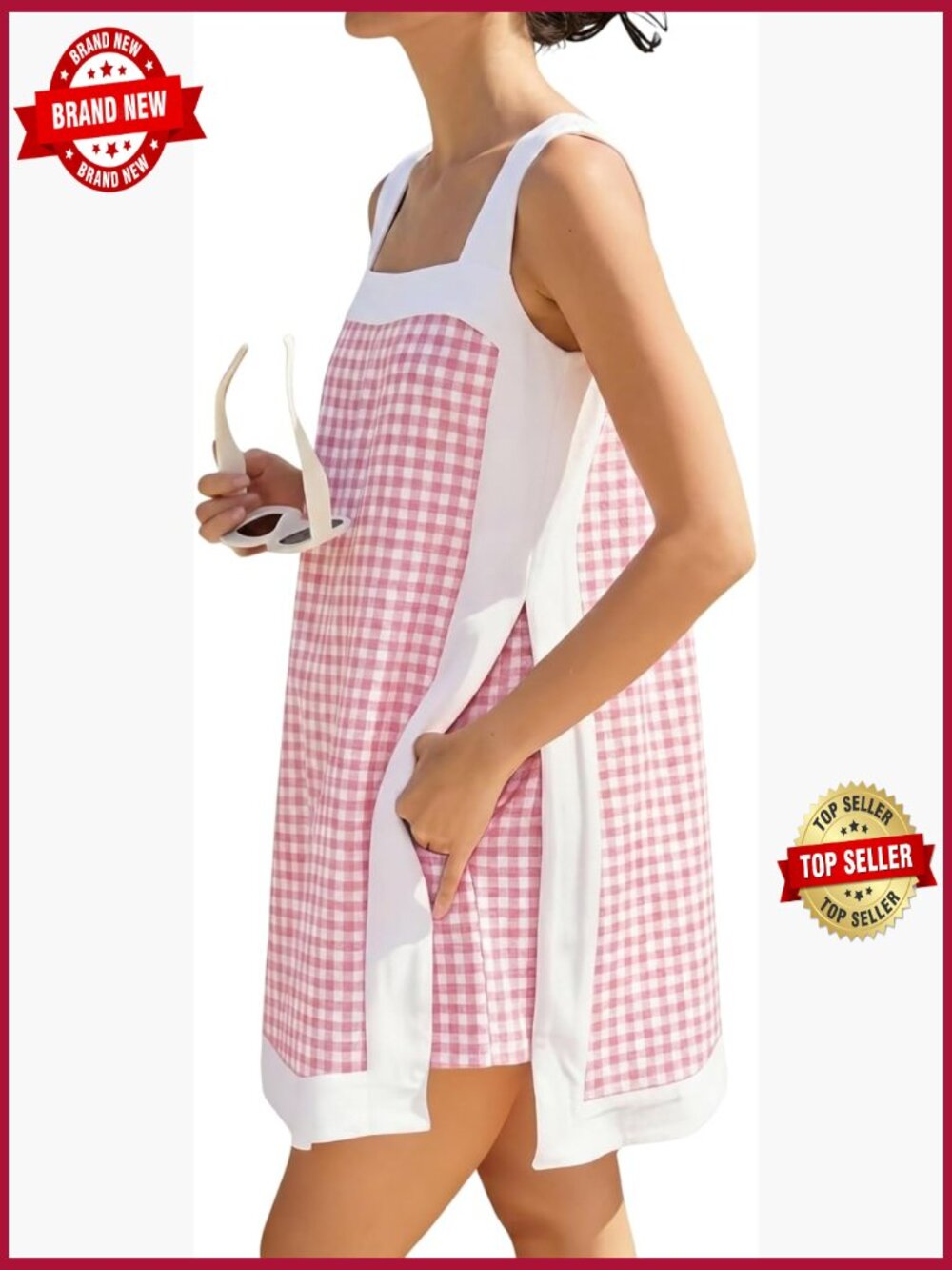 Gingham Two Piece Set Square Neck Tank Top & Elastic Shorts Set Summer Outfit